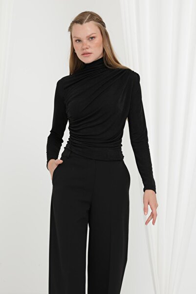 Loreen Γυναικεία ασύμμετρη μπλούζα με λεπτομέρεια γιακά ντραπέ -20672BLZ - ΜΑΥΡΟ