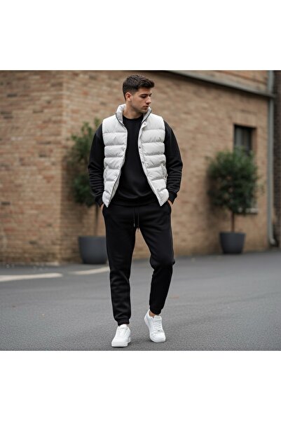 Pablomoda Inflatable Vest and Oversize 3 Thread Crew Neck Thick Fleece Bottom Top Suit, Set of 3