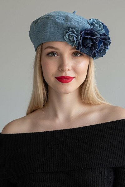 TAKIŞTIR Pălărie cu design denim cu figuri florale de culoare albastră