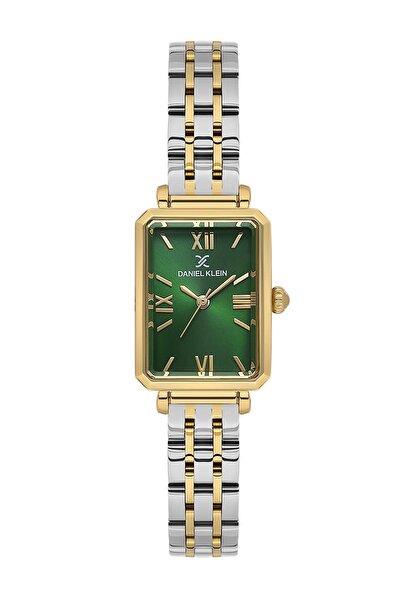 Daniel Klein ساعة يد نسائية بسوار معدني فضي ذهبي أخضر بقرص مستطيل وأرقام رومانية