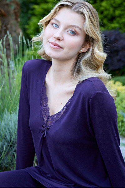 Miss Meryem Mor Ring Viskon Uzun Kol Büyük Beden Pijama Takım