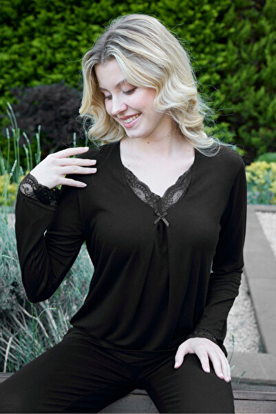 Miss Meryem Siyah Ring Viskon Uzun Kol Büyük Beden Pijama Takım