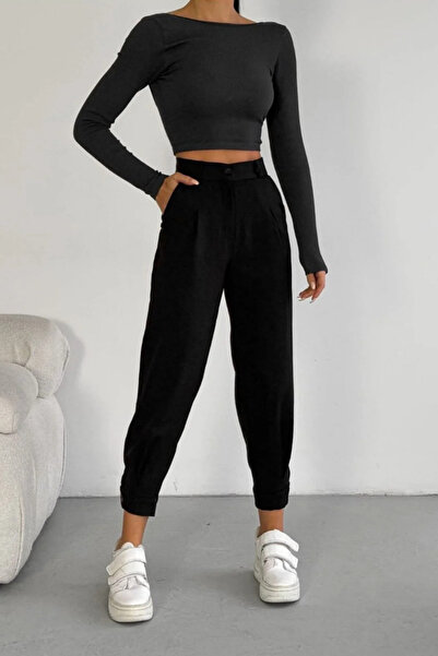 Swana Γυναικείο παντελόνι από λεπτό ύφασμα με λεπτομέρεια πιέτες στο τελείωμα