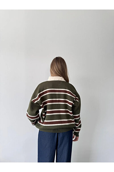 dgs look Striped Buttoned Polo Neck Women's Knitwear Sweater