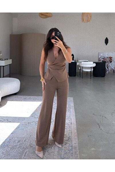 Mars Kahve Zr Model Kruvaze Bluz - Palazzo Pantolon Takım