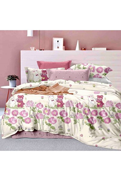 OEM Bed linen, 1 person, finet, 155x230cm, 4 pieces, cream and pink, with poppies and bunnies, LP96