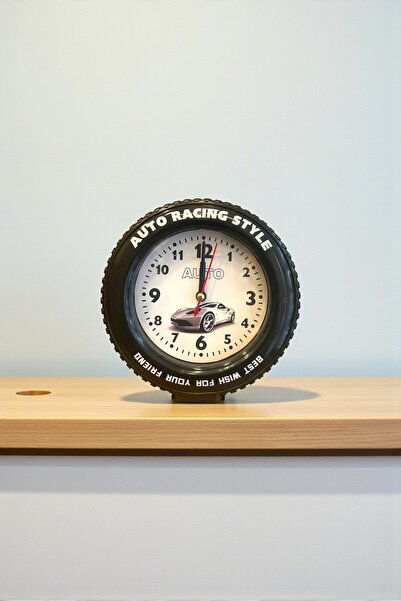 HEDİYE FİKRİ Araba Tekerleği Tasarımlı Alarm Özellikli Masa Saati – 14x14x4 cm