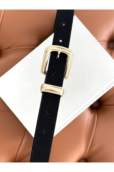 coaksco Women's Suede Gold Square Buckle Black Belt