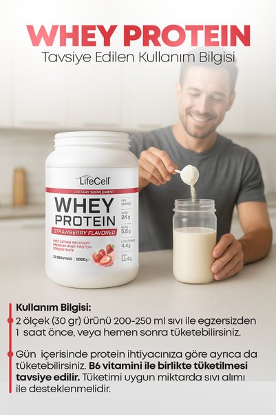 Lifecell WHEY PROTEİN TOZU | ÇİLEK AROMALI | 33 SERVİS - 1000g