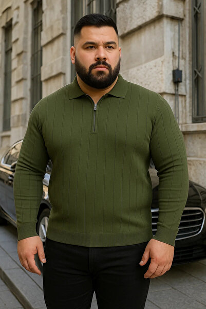 Maccali Men's Plus Size Winter Loose Khaki Polo Neck Sweater