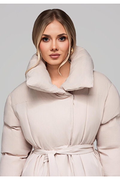 OMBRE Long Beige Quilted Women's Jacket with Belt OW-JALJ-0104 - beige