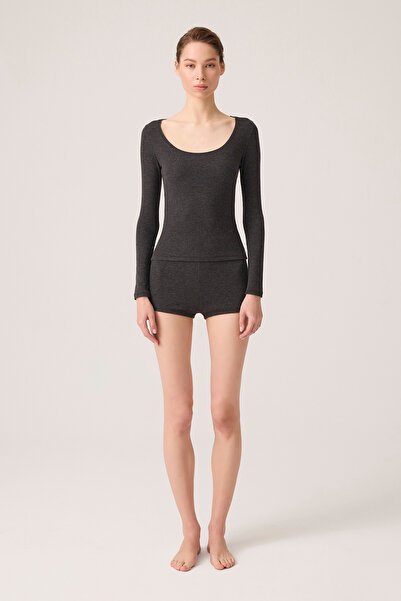 Los Ojos x Ece Ανθρακί υφασμάτινο σετ πιτζάμες με μακρυμάνικο σορτς με ριμπ πιτζάμες