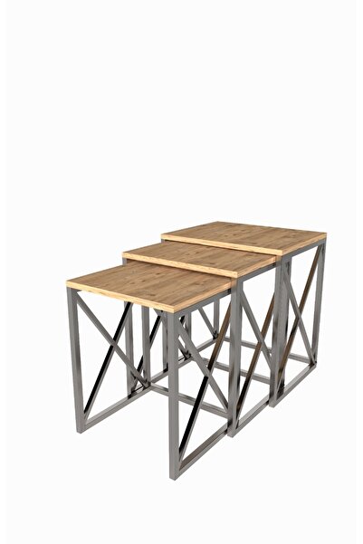 Star-Line Novelty Set of 3 Coffee Tables Alfa ZS-04, Rectangular, Oak + Chrome