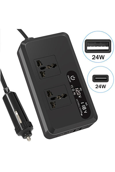 EHOME محول طاقة للسيارة، محول طاقة من 12 فولت تيار مستمر إلى 110 فولت تيار متردد مع 6 منافذ محول طاقة للسيارة لأجهزة الكمبيوتر المحمول