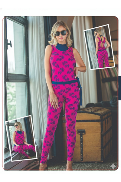 SWELLA Kadın Vücudu Saram Sırt Dekolteli Kuşaklı Desenli Tulum Pamuklu Jumpsuit