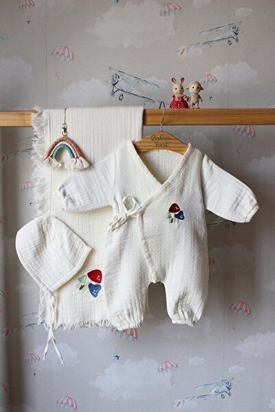 BabiesFirst Mantar Nakış İsme Özel 6'lı Müslin Bebek Set %100 Pamuk Tulum Bat...