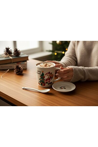 BaoBao Ceramic Christmas Mug with Saucer and Spoon – Santa Claus & Tree Design, 300 ml