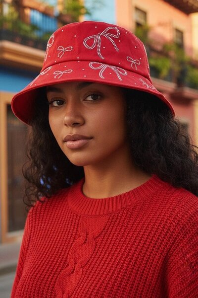 TAKIŞTIR قبعة بتصميم مفصل بتفاصيل حجرية وشريط أحمر اللون