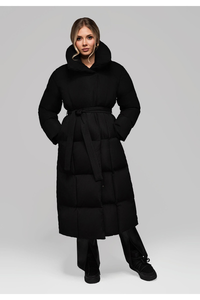 OMBRE Long Quilted Women's Jacket with Belt OW-JALJ-0104 v1 - Black