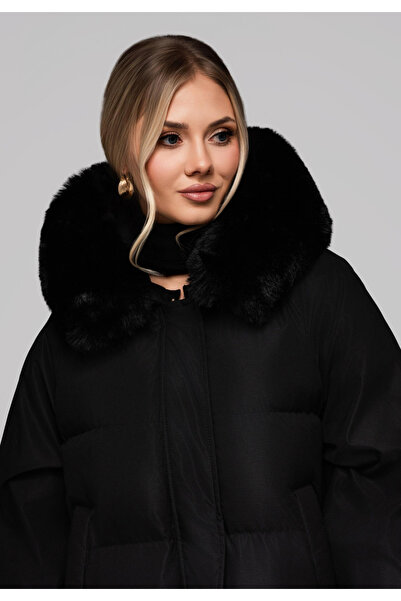 OMBRE Long Women's Jacket with Fur Trim OW-JALJ-0107 v2 - black