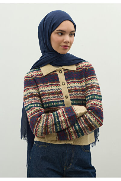 Fresh Cashmere Textured Shawl Navy Blue