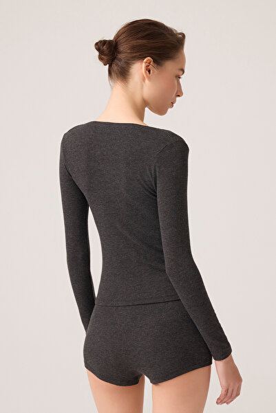 Los Ojos x Ece Ανθρακί υφασμάτινο σετ πιτζάμες με μακρυμάνικο σορτς με ριμπ πιτζάμες