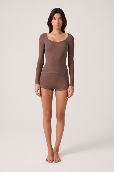 Los Ojos X Ece Brown Modal Fabric Long Sleeve Shorts Pajama Set Ribbed Pj