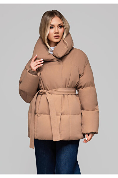 OMBRE Padded Women's Jacket with Belt and Stand Collar OW-JAHP-0106 - Brown