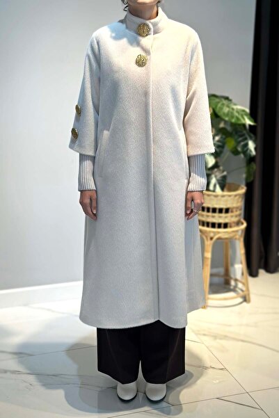 Lale Butik Collar and Sleeve Brooch Detail Coat 2586 Ecru