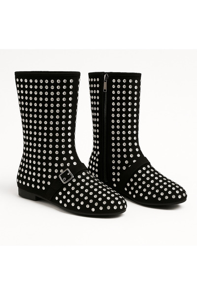 OUTLET41 Kadın Siyah Parlak Taş Detaylı Çizme