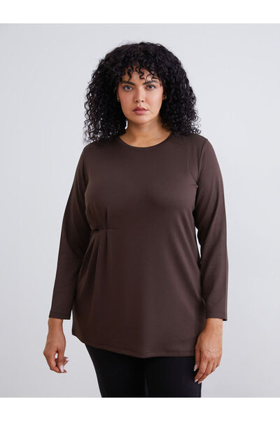 LC Waikiki Brown Plus Size Crew Neck Gathered Women's Tunic