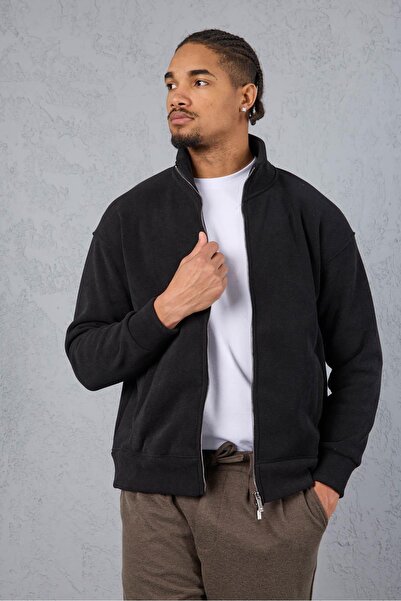 Valiberta Ron Selanik Knitted Plush Inside Double Zipper D Mock Neck Men's Cardigan Sweatshirt - Black