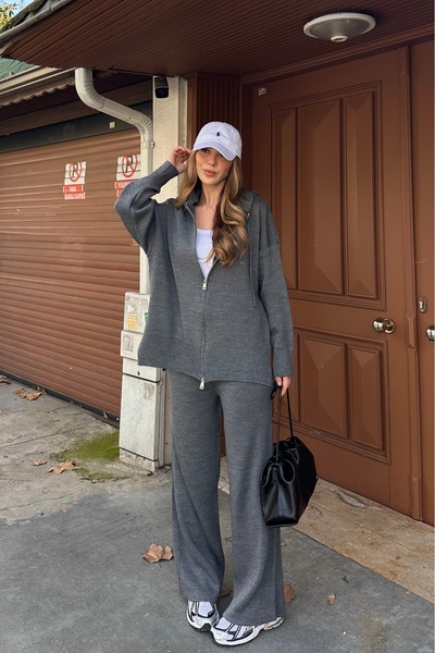 Laluvia Anthracite Zippered Hooded Knitwear Set - 0511