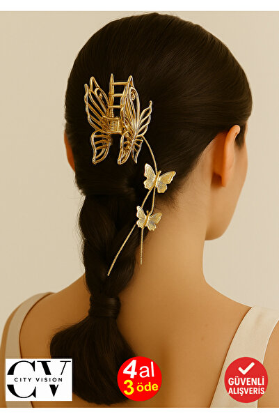 cityvision Agrafă de păr din metal cu lanț lung cu design fluture, culoare au...