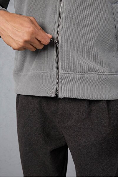 Valiberta Ron Selanik Knitted Plush Inside Double Zipper D Mock Neck Men's Cardigan Sweatshirt - Smoked