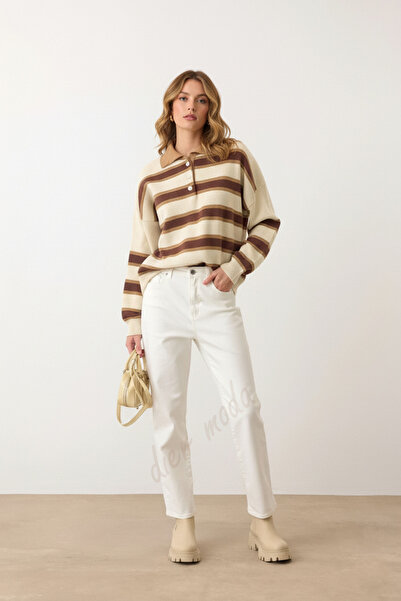 Dier Moda Pulover tricotat pentru femei cu guler polo cu nasturi cu dungi ecru, pulover pentru femei Fmoda2280