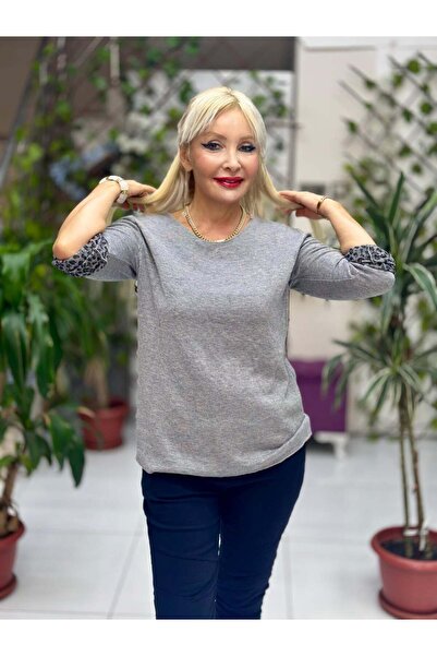 Punta Otantik Nc218181 Round Neck Knitwear with Leopard Inside Large Size Blouse Gray