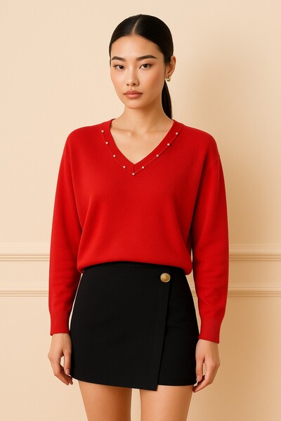 Okçu Triko سترة تريكو بتفاصيل لؤلؤية وياقة على شكل V-26K74126-RED-10