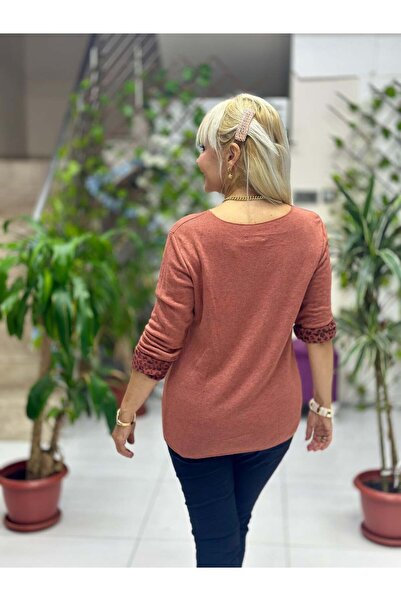 Punta Otantik Nc218181 Round Neck Knitwear with Leopard Inside Large Size Blouse Tile