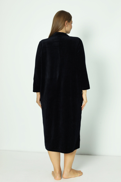 İntensive Navy Blue Zippered Cotton Velvet Three Quarter Sleeve Velvet Dress