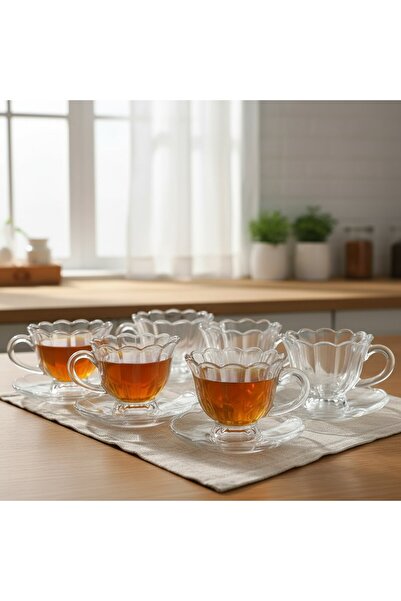 FAIR HOME Olive Cam 6 Kişilik Tabaklı Büyük Çay Fincan Seti – 6 x 210 ml