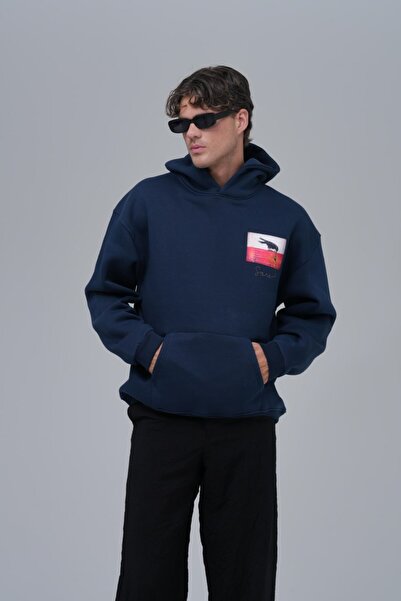 fame-stoned Crow Sol Logo, Back Printed , Printed , Embroidered Unisex 100% Cotton Hooded Blue Sweatshirt