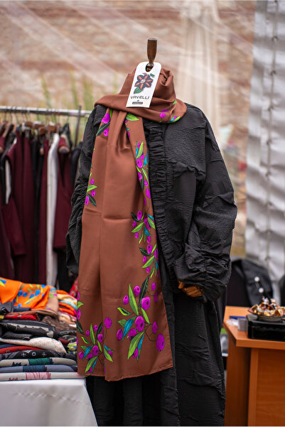 vavelli %100 Twill İpek Şal Zeytin Desen Kahverengi
