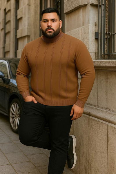 Maccali Ανδρικό πλεκτό πουλόβερ με ρίγες καμηλό χρώμα με ψηλό λαιμό