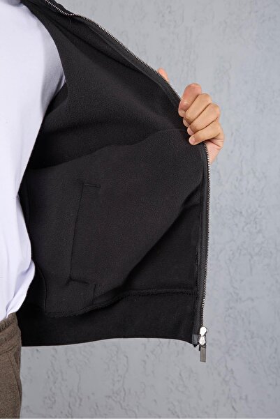 Valiberta Ron Selanik Knitted Plush Inside Double Zipper D Mock Neck Men's Cardigan Sweatshirt - Black