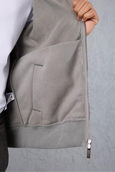 Valiberta Ron Selanik Knitted Plush Inside Double Zipper D Mock Neck Men's Cardigan Sweatshirt - Smoked