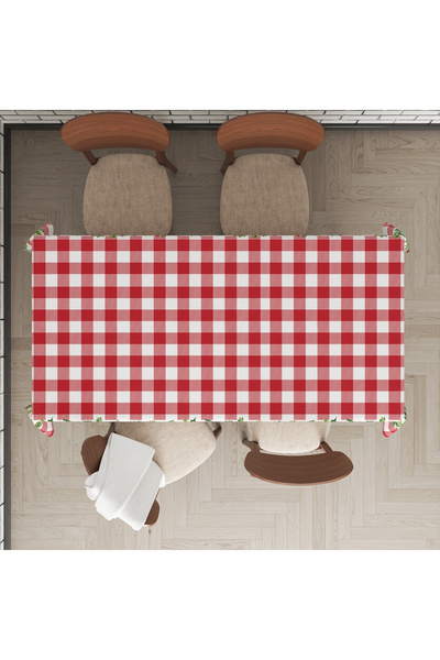 Evmila Christmas Themed Red Gingham Patterned Digital Printed Tablecloth