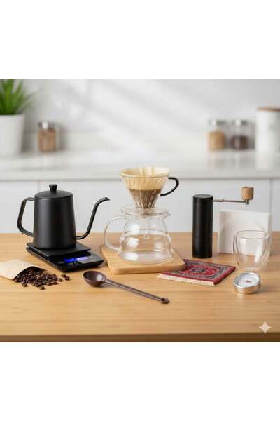 Nisf Alqamar Half Moon V60 Drip Coffee Set - 11-piece Specialty Coffee Kit with V60, Server, Scale, Hand Grinder