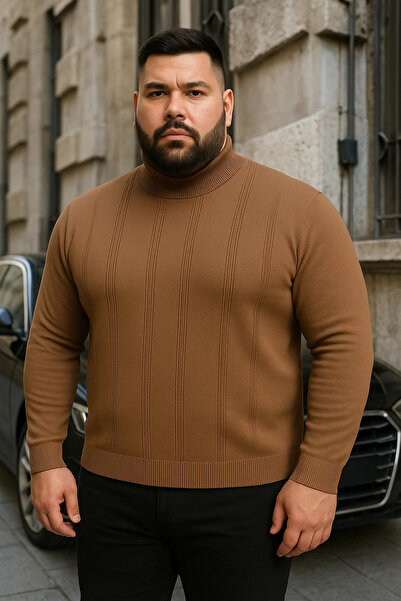Maccali Men's Plus Size Striped Camel Turtleneck Knit Sweater
