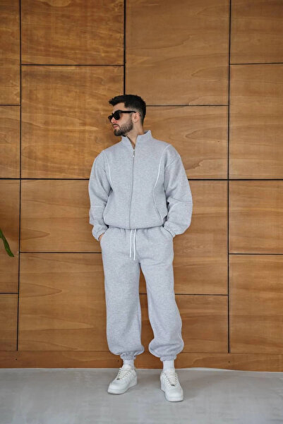 LUMİART Men's Premium Piece Tracksuit Set - Mock Neck Zippered Piped Sweatshi...